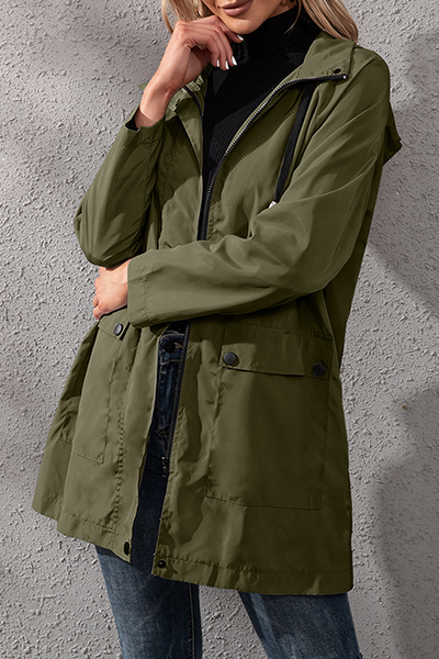 Solid Pocket Buckle Zipper Hooded Collar Outerwear Sai Feel