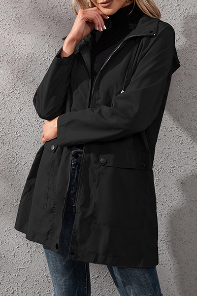 Solid Pocket Buckle Zipper Hooded Collar Outerwear Sai Feel