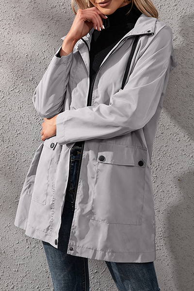 Solid Pocket Buckle Zipper Hooded Collar Outerwear Sai Feel