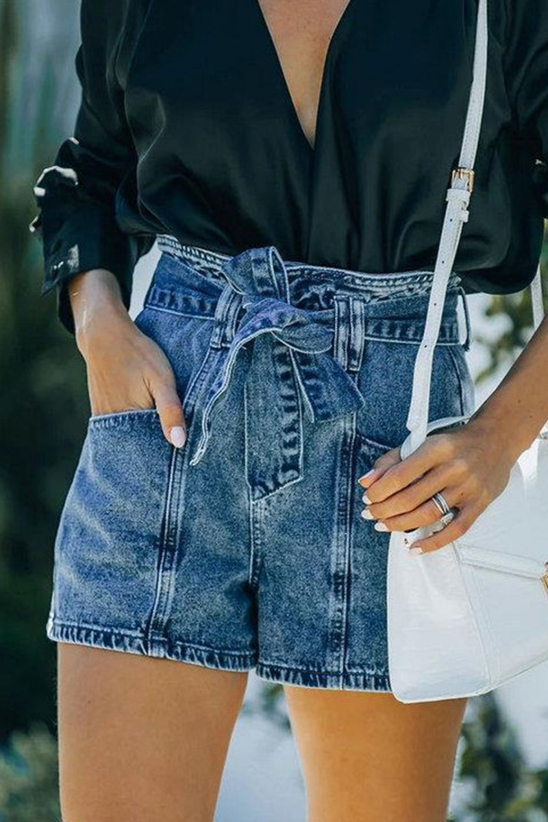 Solid Pocket With Belt High Waist Denim Shorts Sai Feel