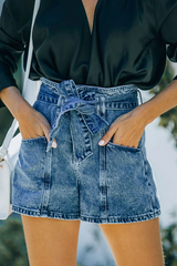 Solid Pocket With Belt High Waist Denim Shorts Sai Feel