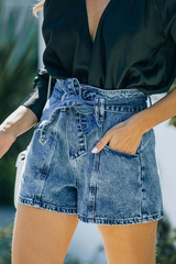 Solid Pocket With Belt High Waist Denim Shorts Sai Feel