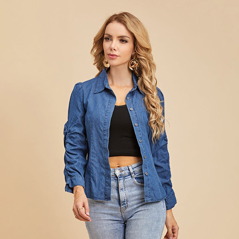 Solid Puff Sleeve Button Up Denim Blouse Sai Feel