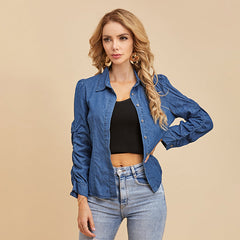 Solid Puff Sleeve Button Up Denim Blouse Sai Feel