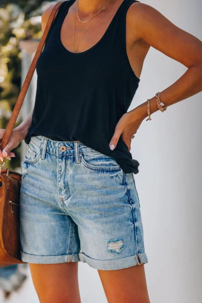 Solid Split Joint Mid Waist Straight Denim Shorts Sai Feel