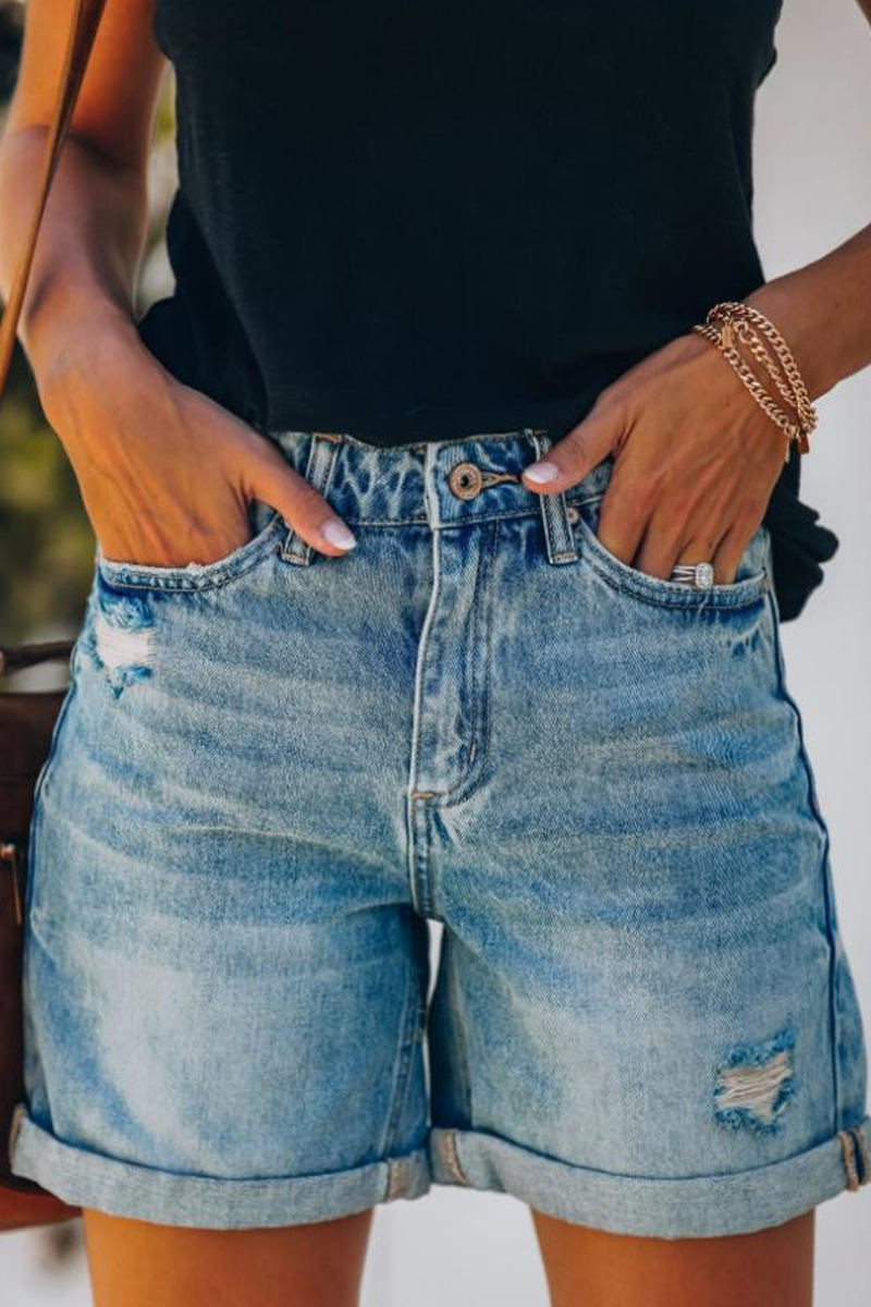 Solid Split Joint Mid Waist Straight Denim Shorts Sai Feel