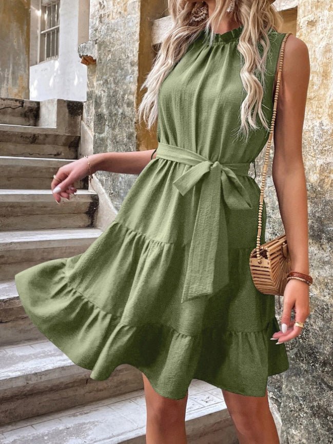 Solid Tie Ruffle Sleeveless Dress Sai Feel