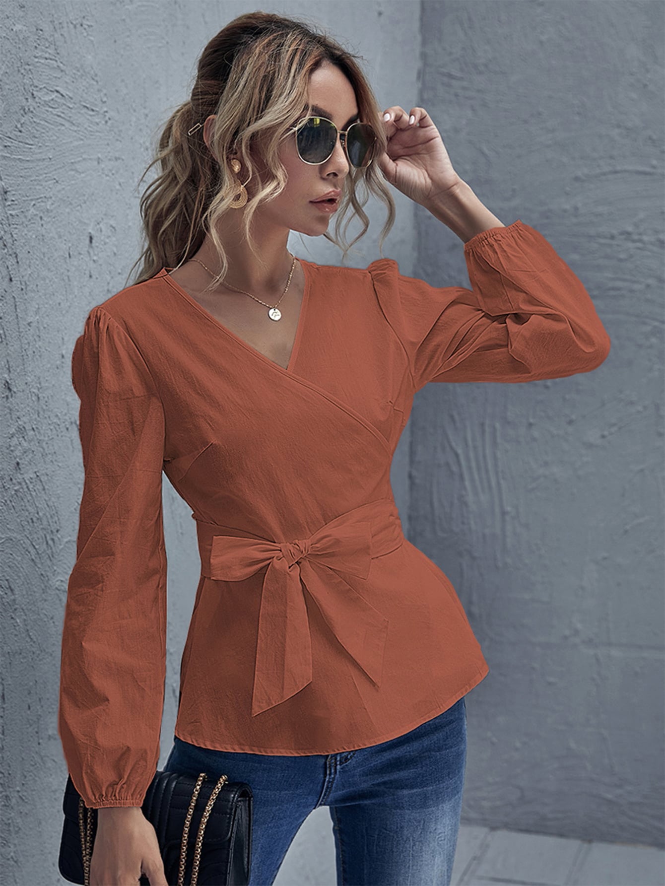 Solid V Neck Belted Blouse Sai Feel