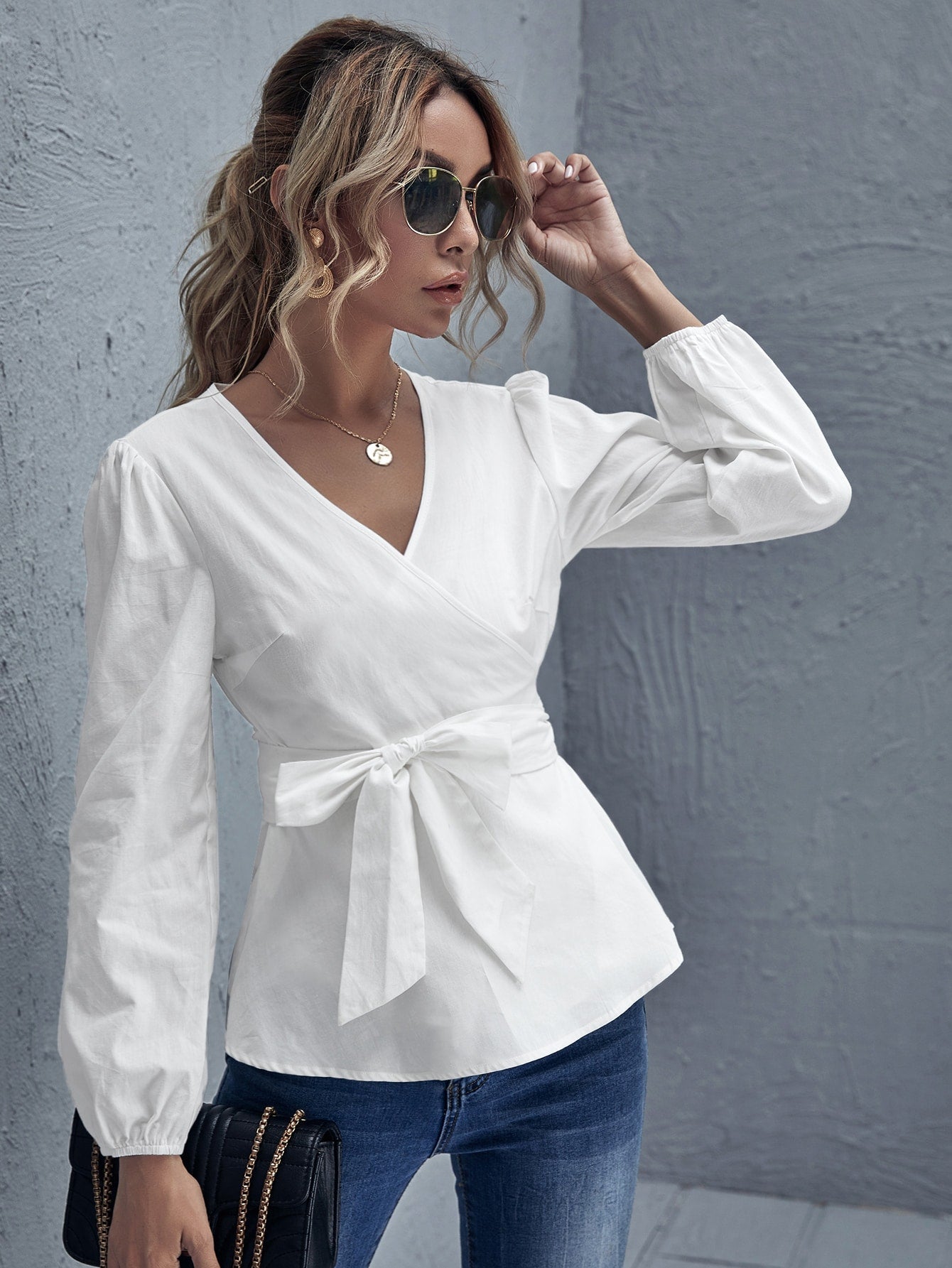 Solid V Neck Belted Blouse Sai Feel