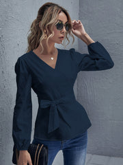 Solid V Neck Belted Blouse Sai Feel