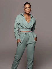 Solid V Neck Crop Hoodie & Sweatpants Set Sai Feel