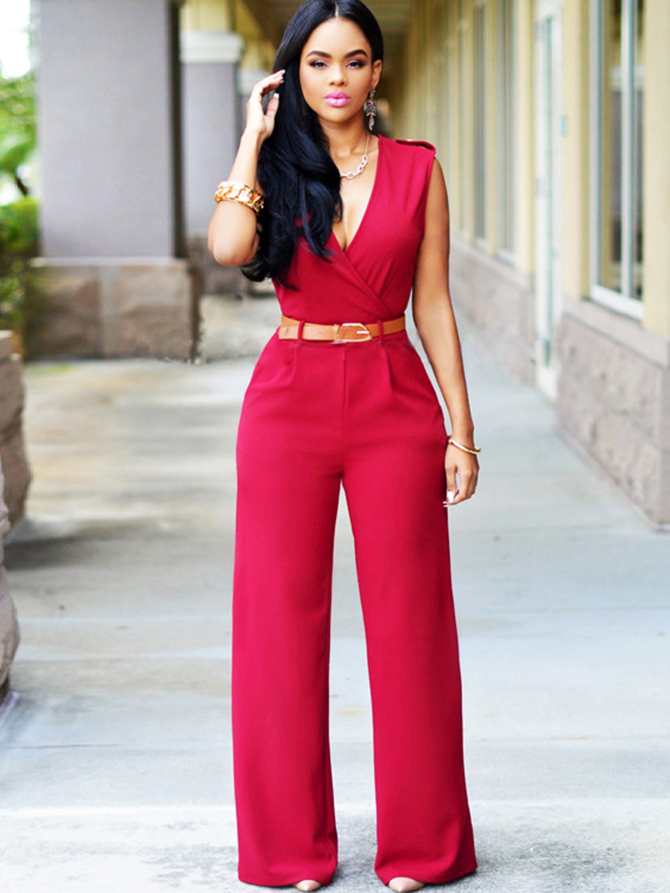 Solid V Neck Jumpsuit Sai Feel