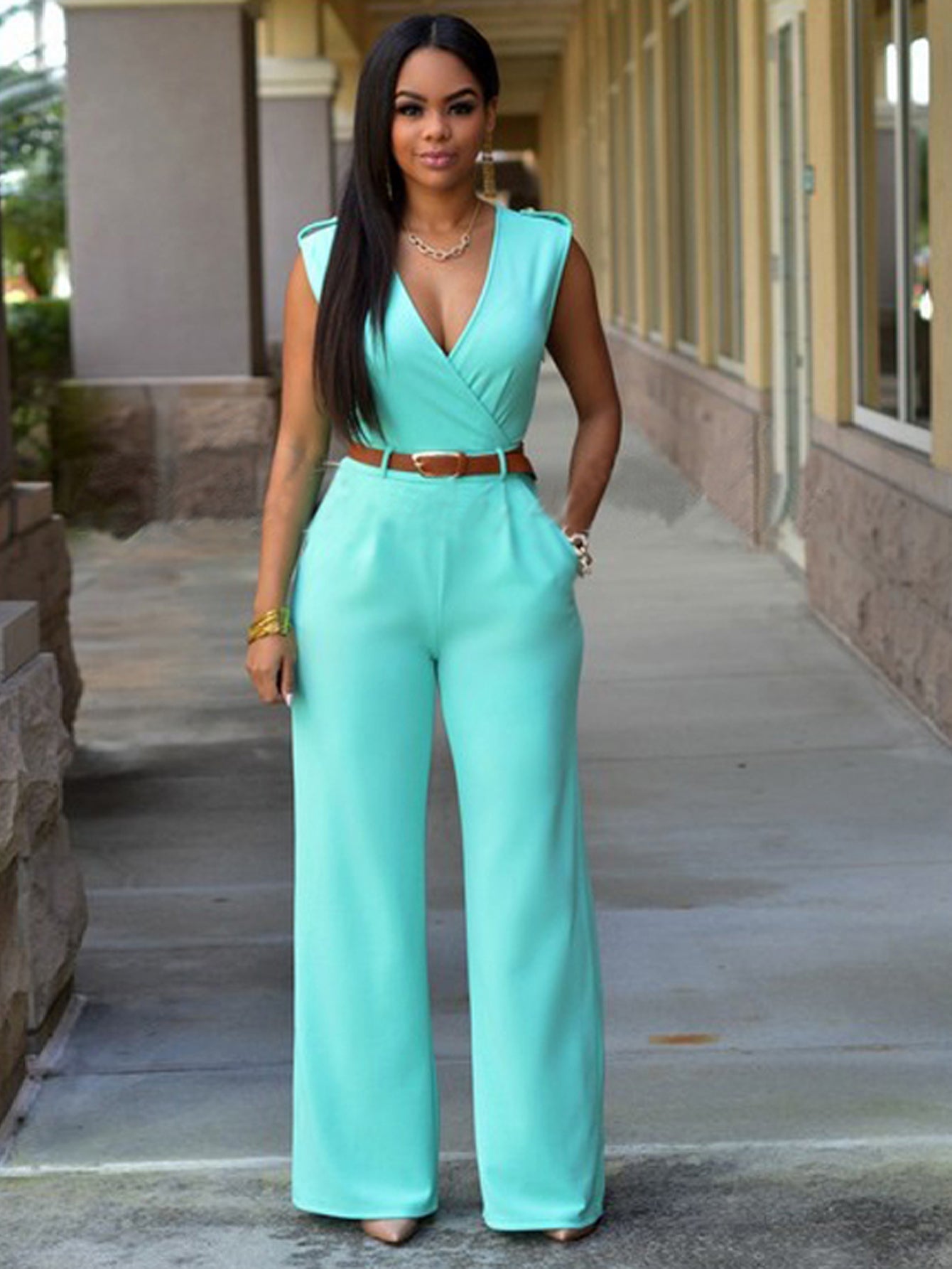 Solid V Neck Jumpsuit Sai Feel