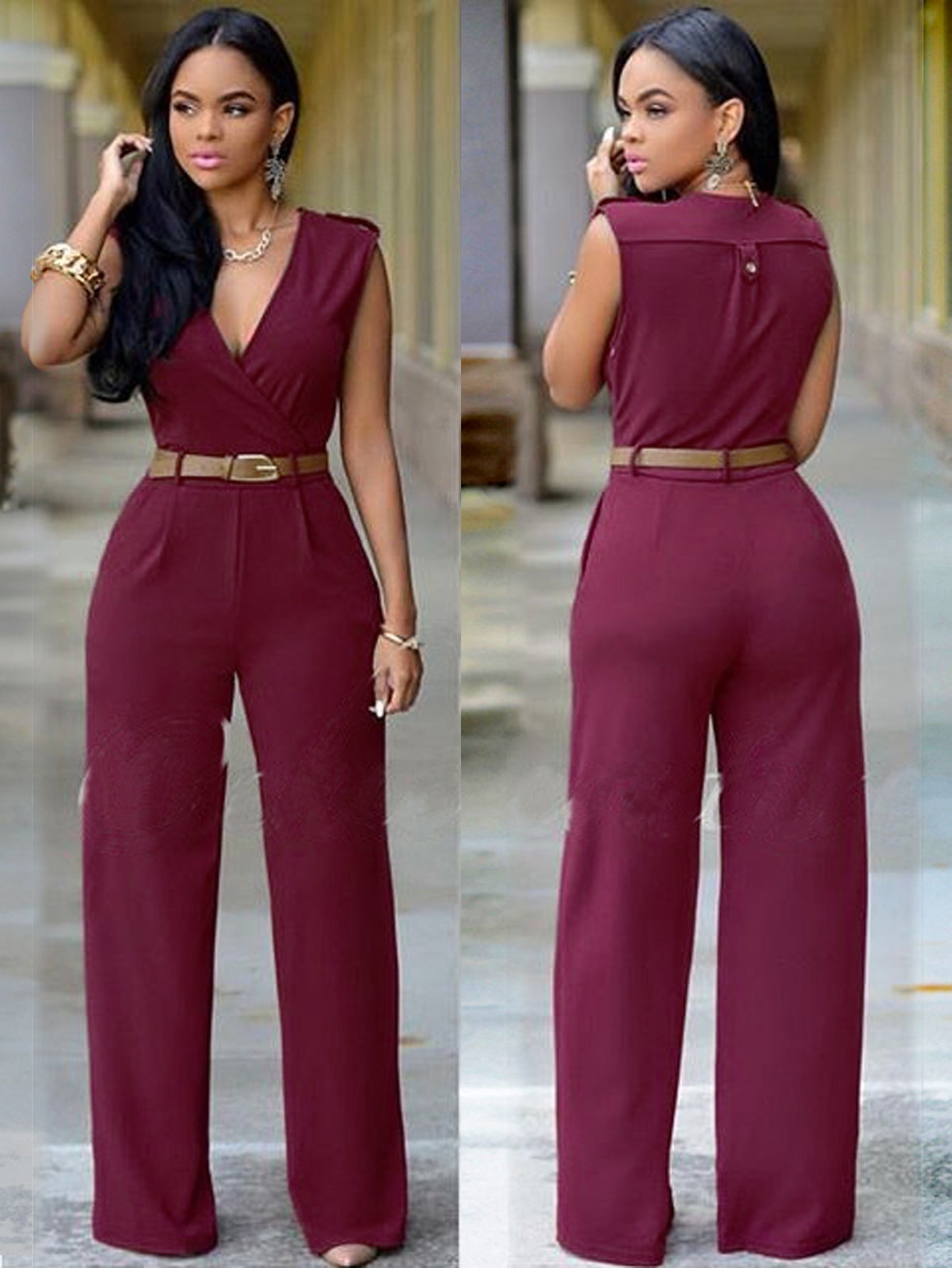 Solid V Neck Jumpsuit Sai Feel