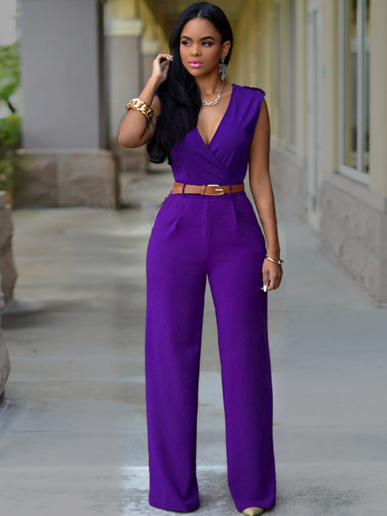 Solid V Neck Jumpsuit Sai Feel