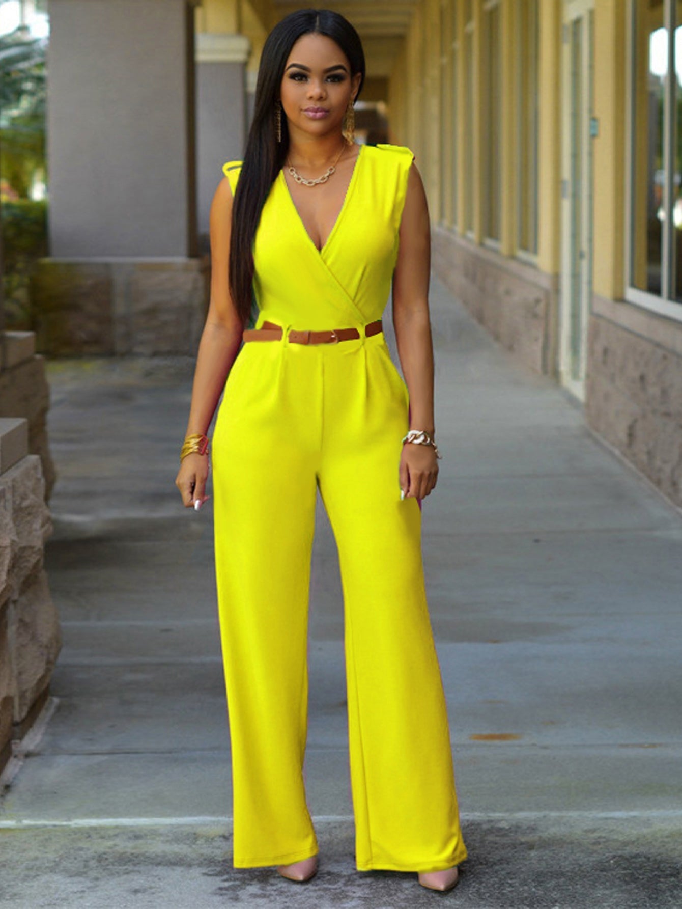 Solid V Neck Jumpsuit Sai Feel