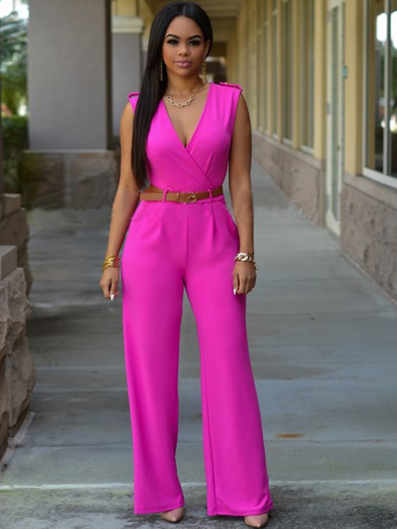 Solid V Neck Jumpsuit Sai Feel