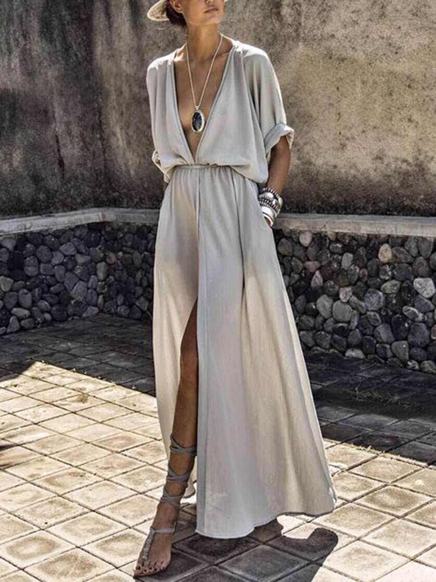 Solid V-Neck Mid-Sleeve Slit Dress Sai Feel