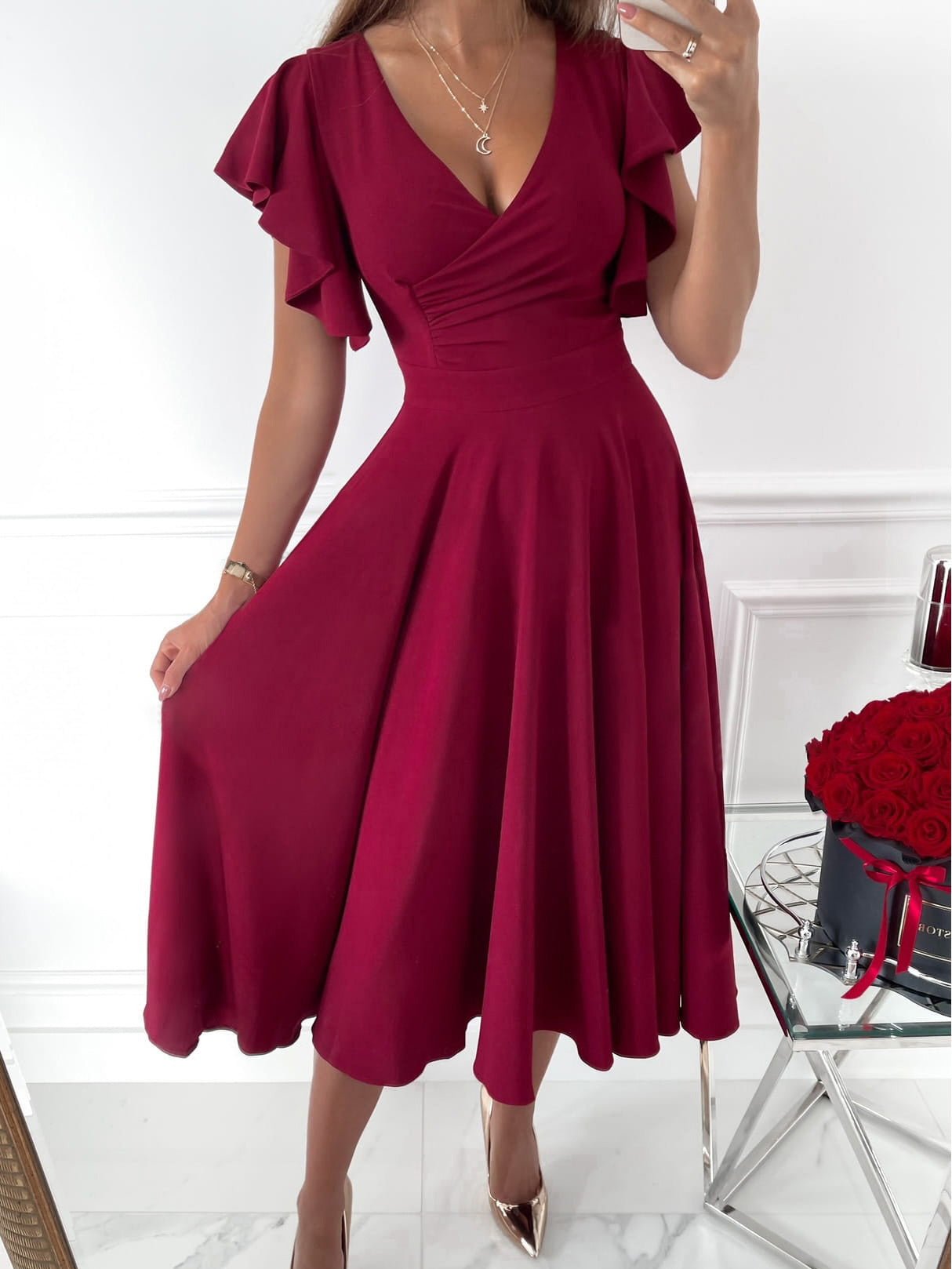 Solid V-Neck Ruffle Sleeve Dress Sai Feel