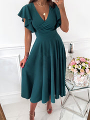 Solid V-Neck Ruffle Sleeve Dress Sai Feel