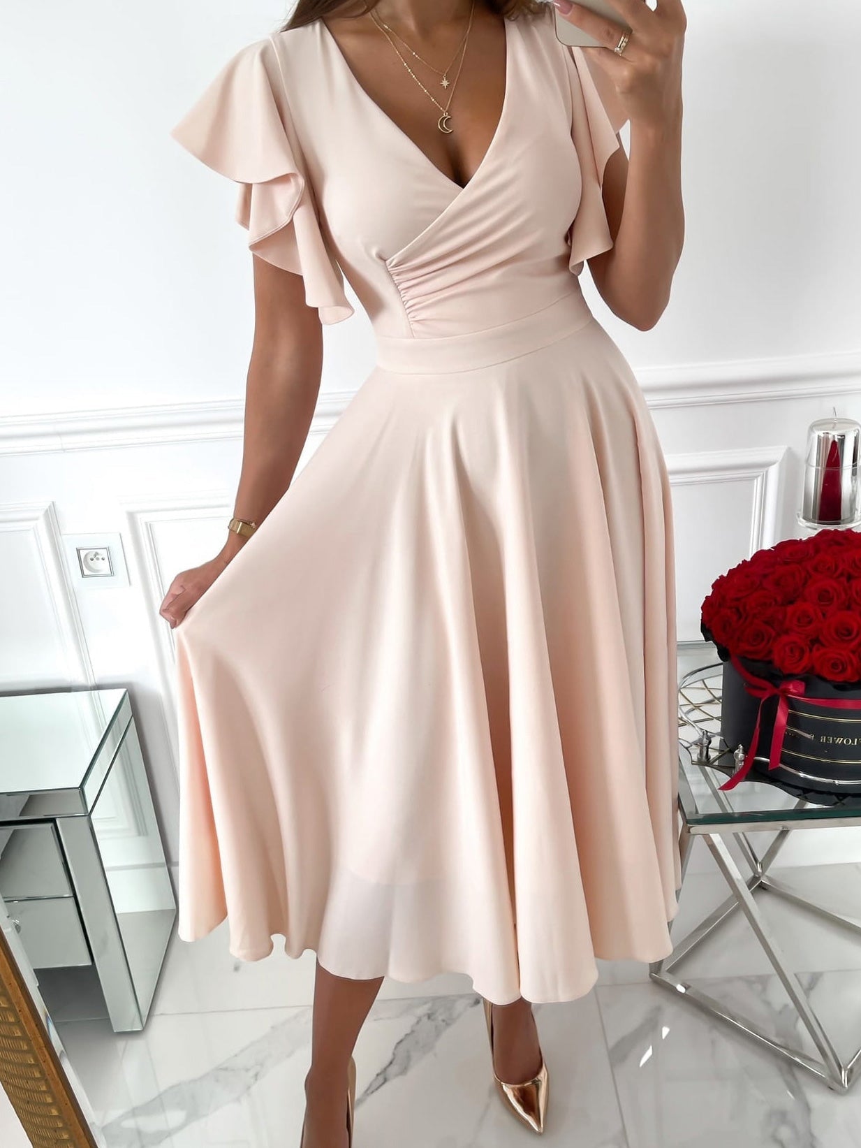 Solid V-Neck Ruffle Sleeve Dress Sai Feel