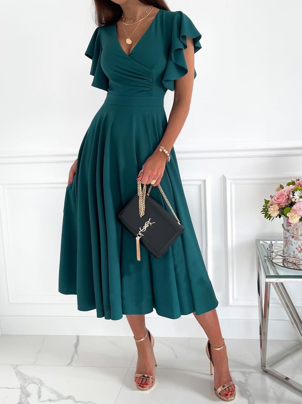 Solid V-Neck Ruffle Sleeve Dress Sai Feel