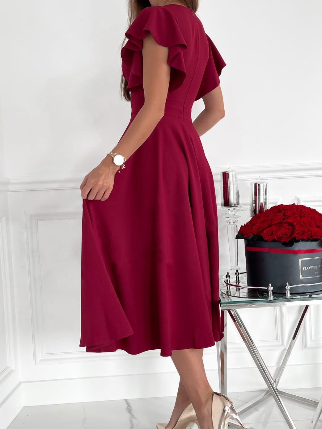 Solid V-Neck Ruffle Sleeve Dress Sai Feel