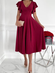 Solid V-Neck Ruffle Sleeve Dress Sai Feel