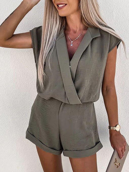 Solid V-Neck Sleeveless Casual Jumpsuit Sai Feel