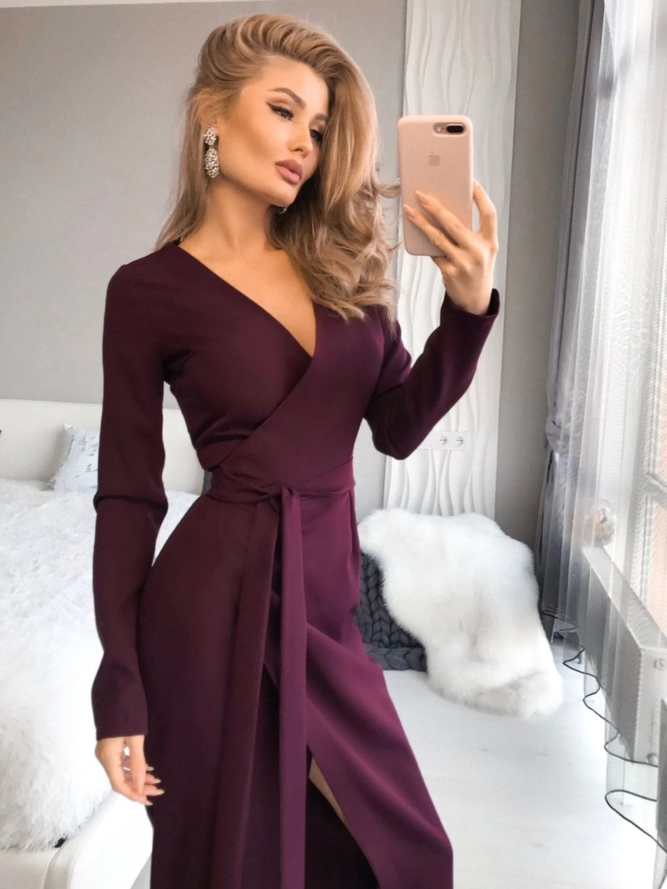 Solid V Neck Wrap Dress Sai Feel