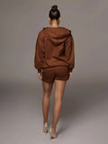 Solid Zip Up Teddy Jacket&Shorts Set Without Bra Sai Feel