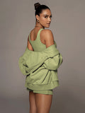 Solid Zip Up Teddy Jacket&Shorts Set Without Bra Sai Feel