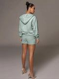 Solid Zip Up Teddy Jacket&Shorts Set Without Bra Sai Feel