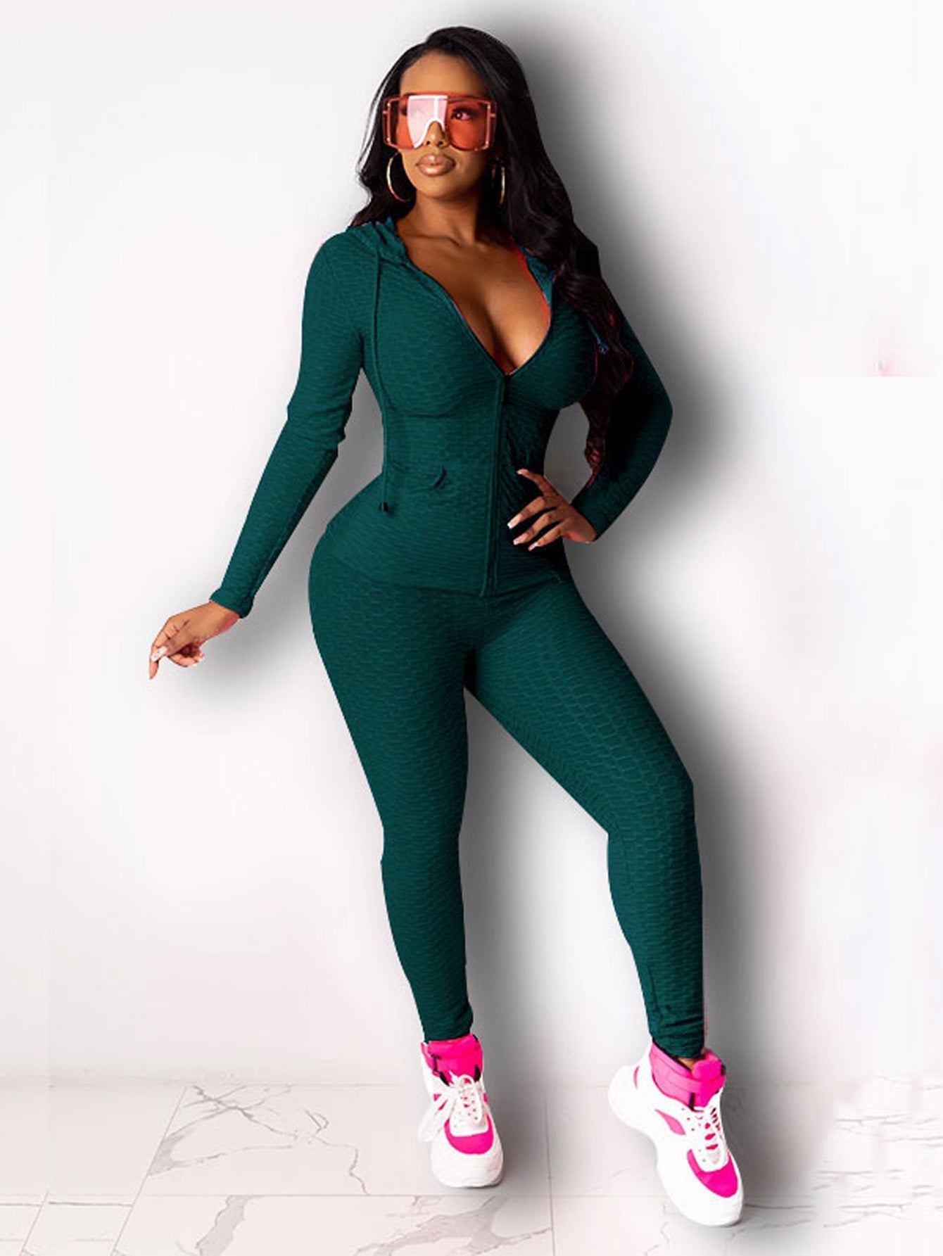 Solid Zipper Hoodie & Legging Pants Sai Feel