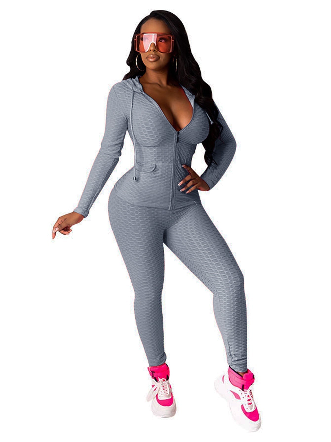 Solid Zipper Hoodie & Legging Pants Sai Feel