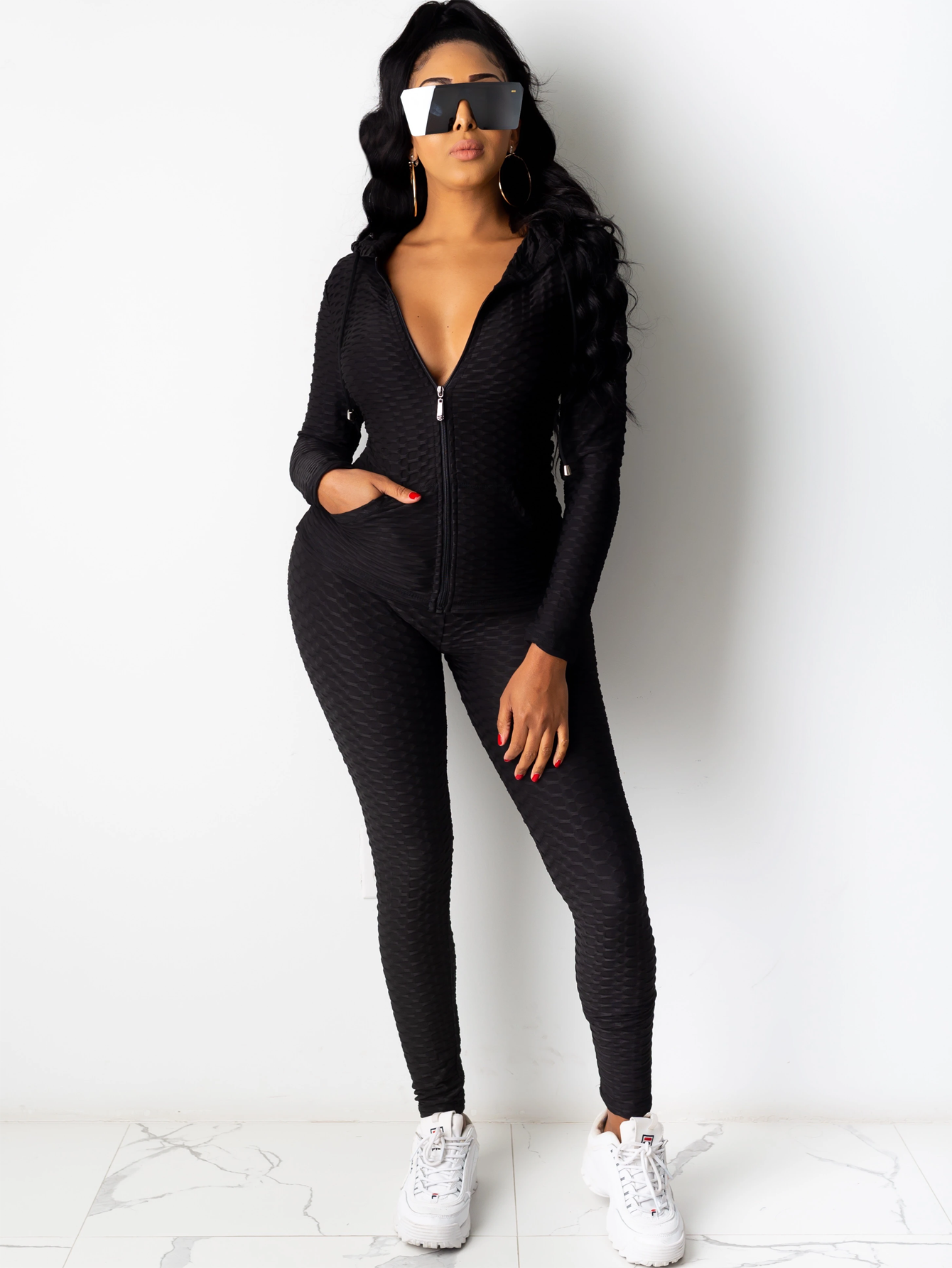 Solid Zipper Hoodie & Legging Pants Sai Feel