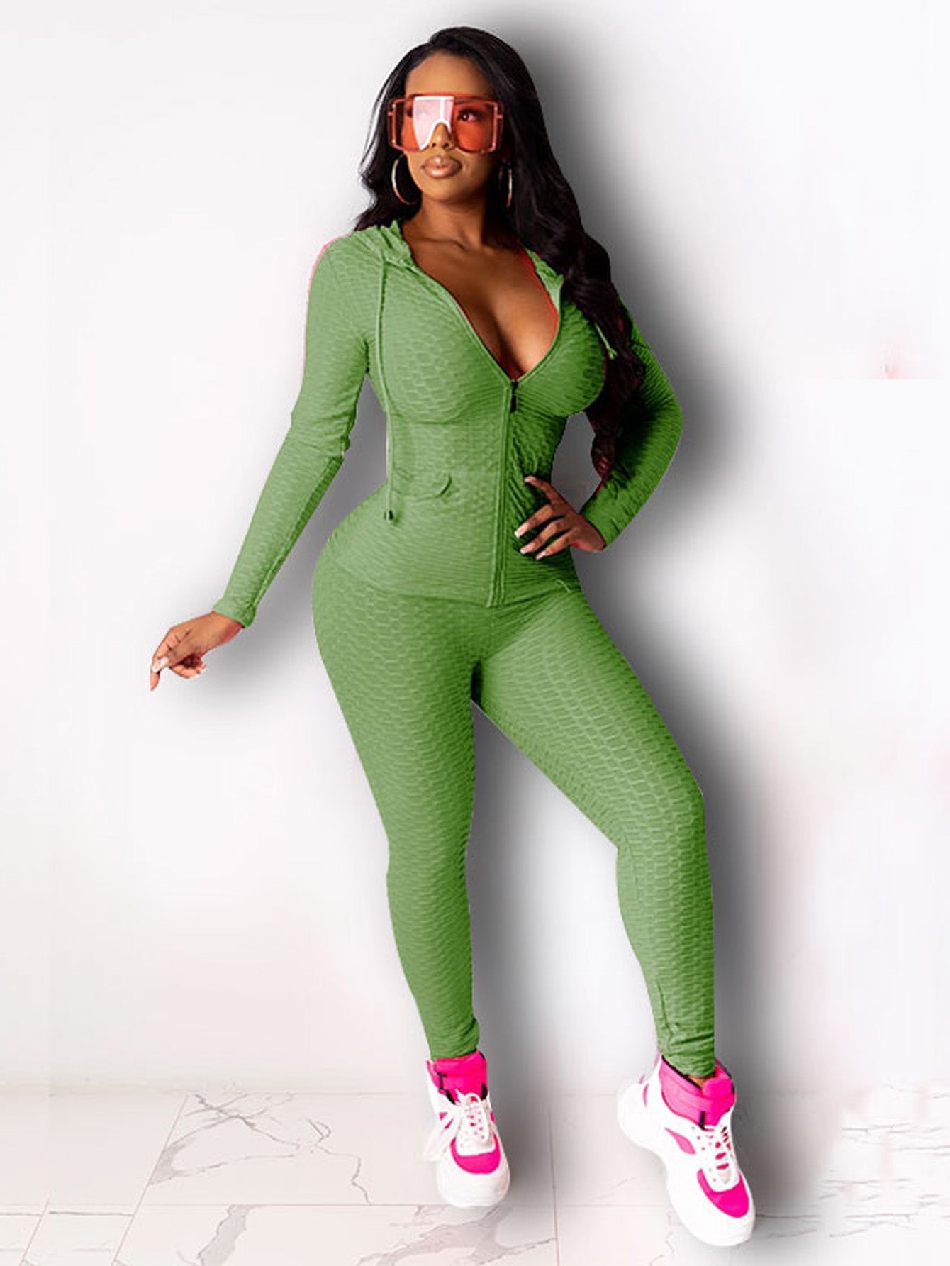 Solid Zipper Hoodie & Legging Pants Sai Feel