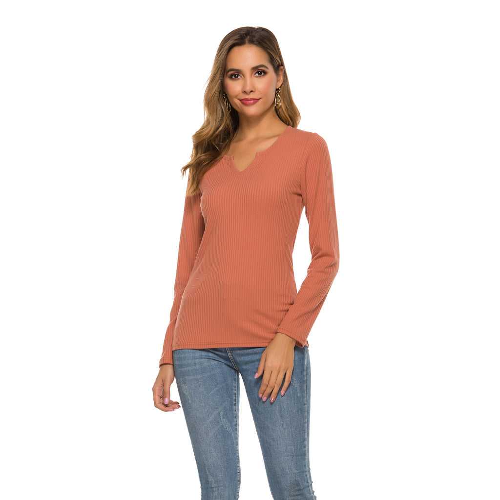 Solid color V-neck long-sleeved top Sai Feel