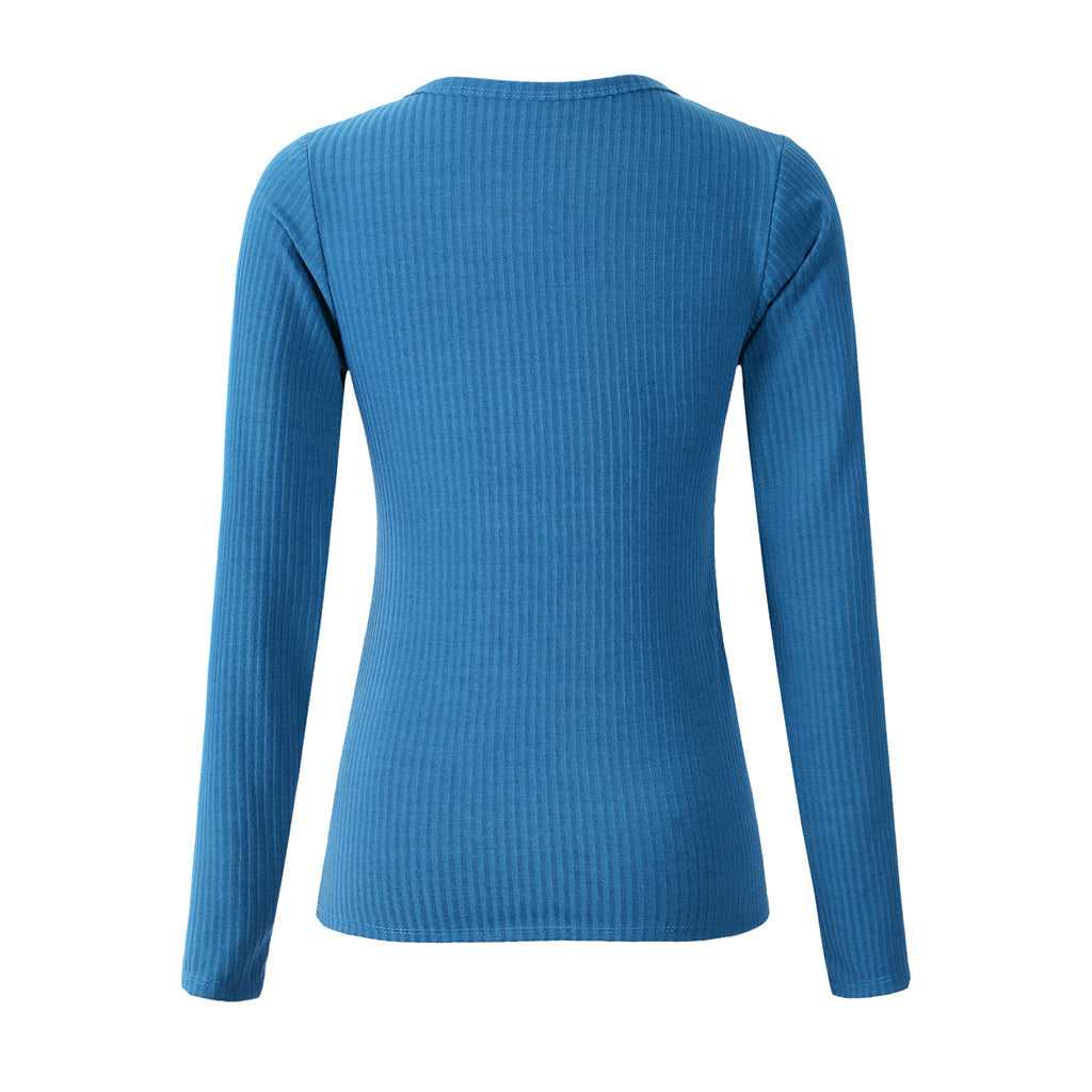 Solid color V-neck long-sleeved top Sai Feel