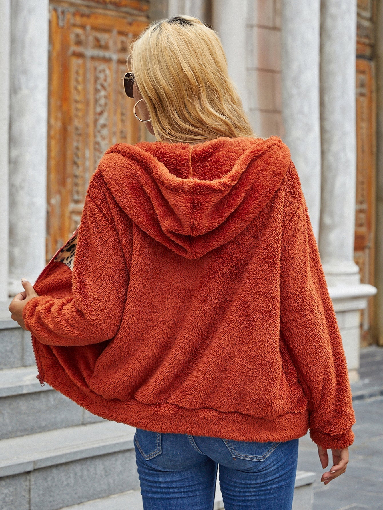 Solid color double-sided fleece hood collar stitching zipper slim coat Sai Feel
