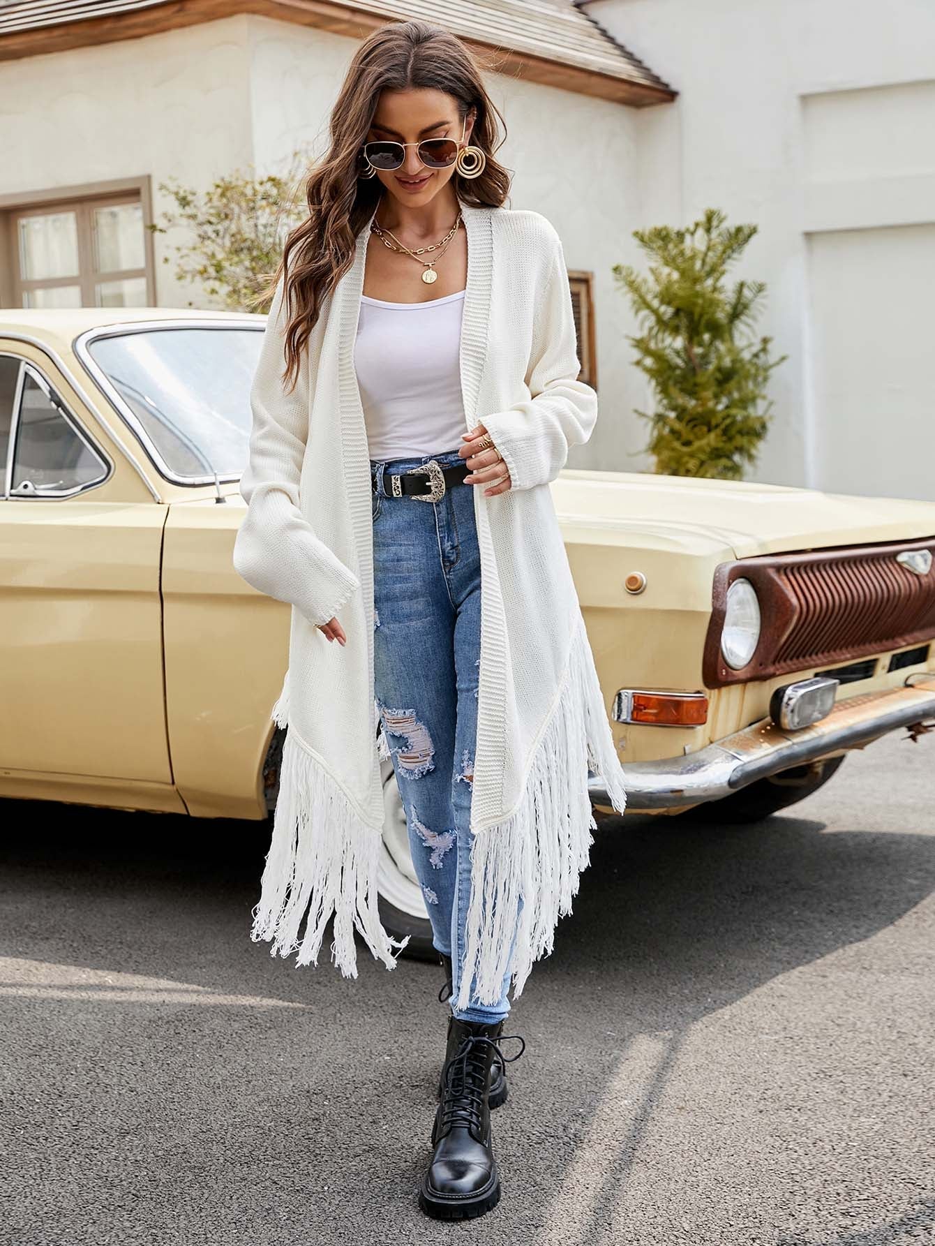 Solid color fringed knitted cardigan Sai Feel