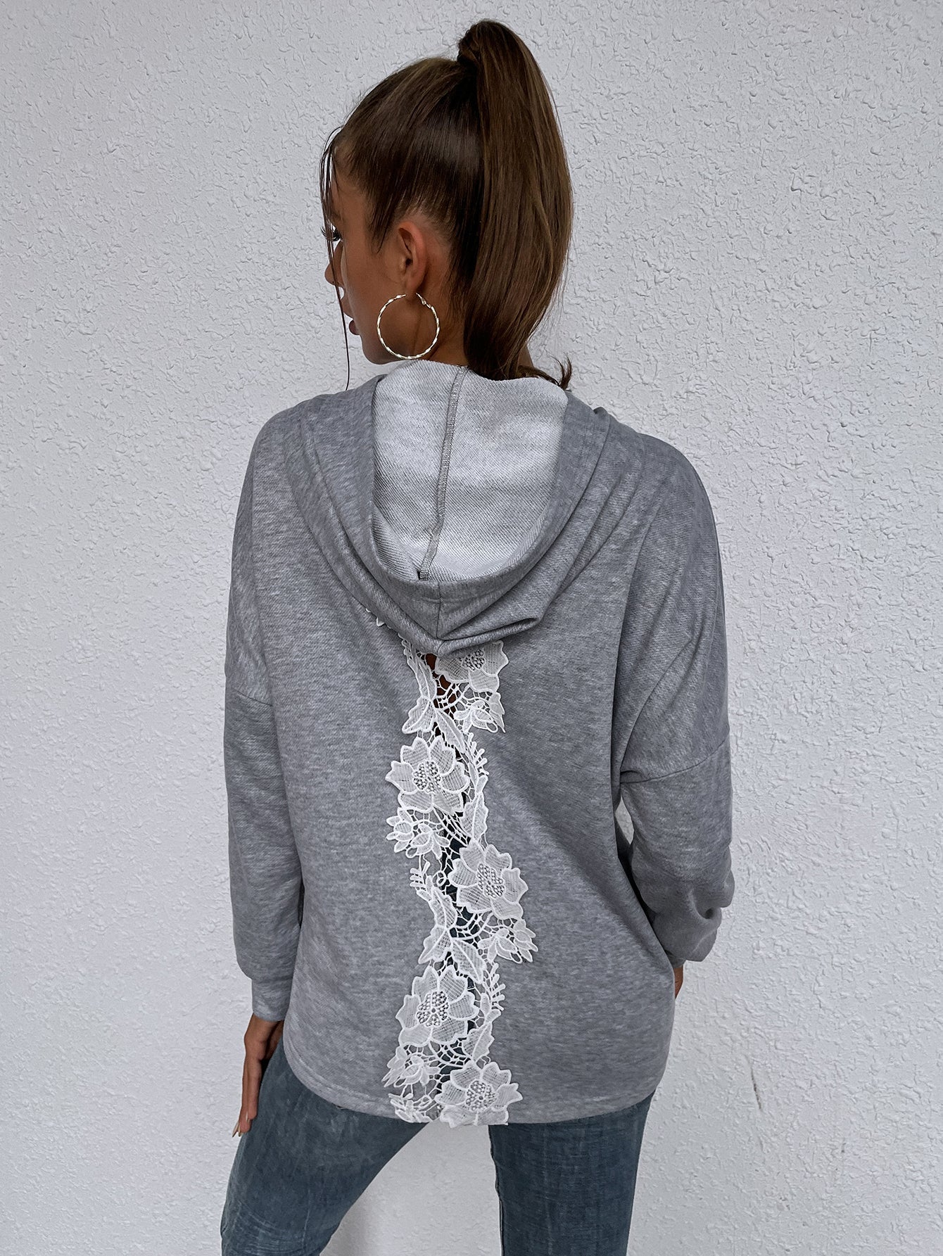 Solid color hooded lace patchwork back long sleeve hoodie Sai Feel