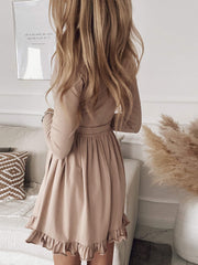Solid color long sleeves flounces V neck Dress Sai Feel