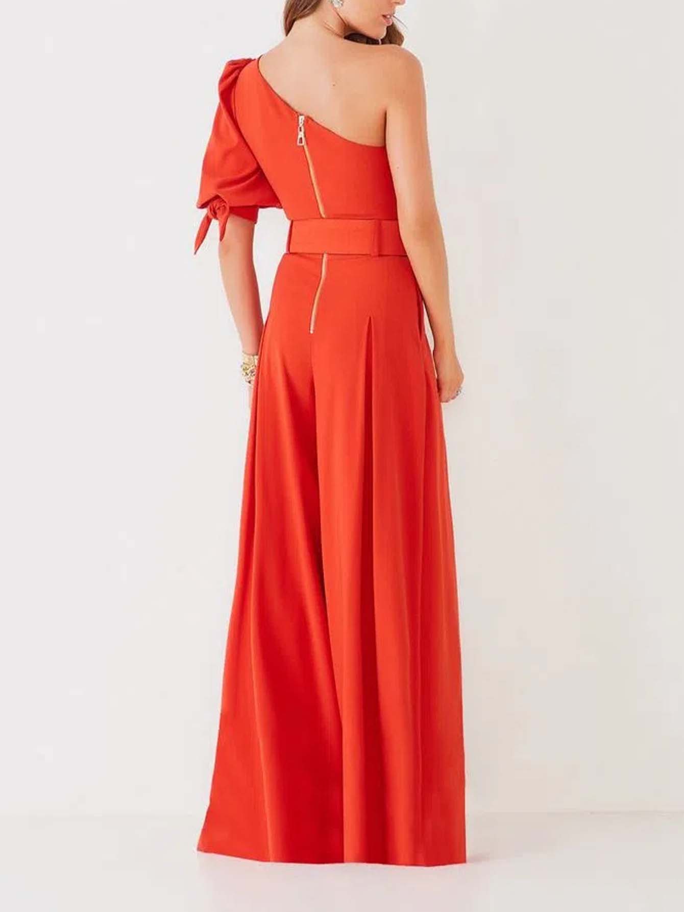 Solid color one-shoulder belted jumpsuit casual slacks Sai Feel