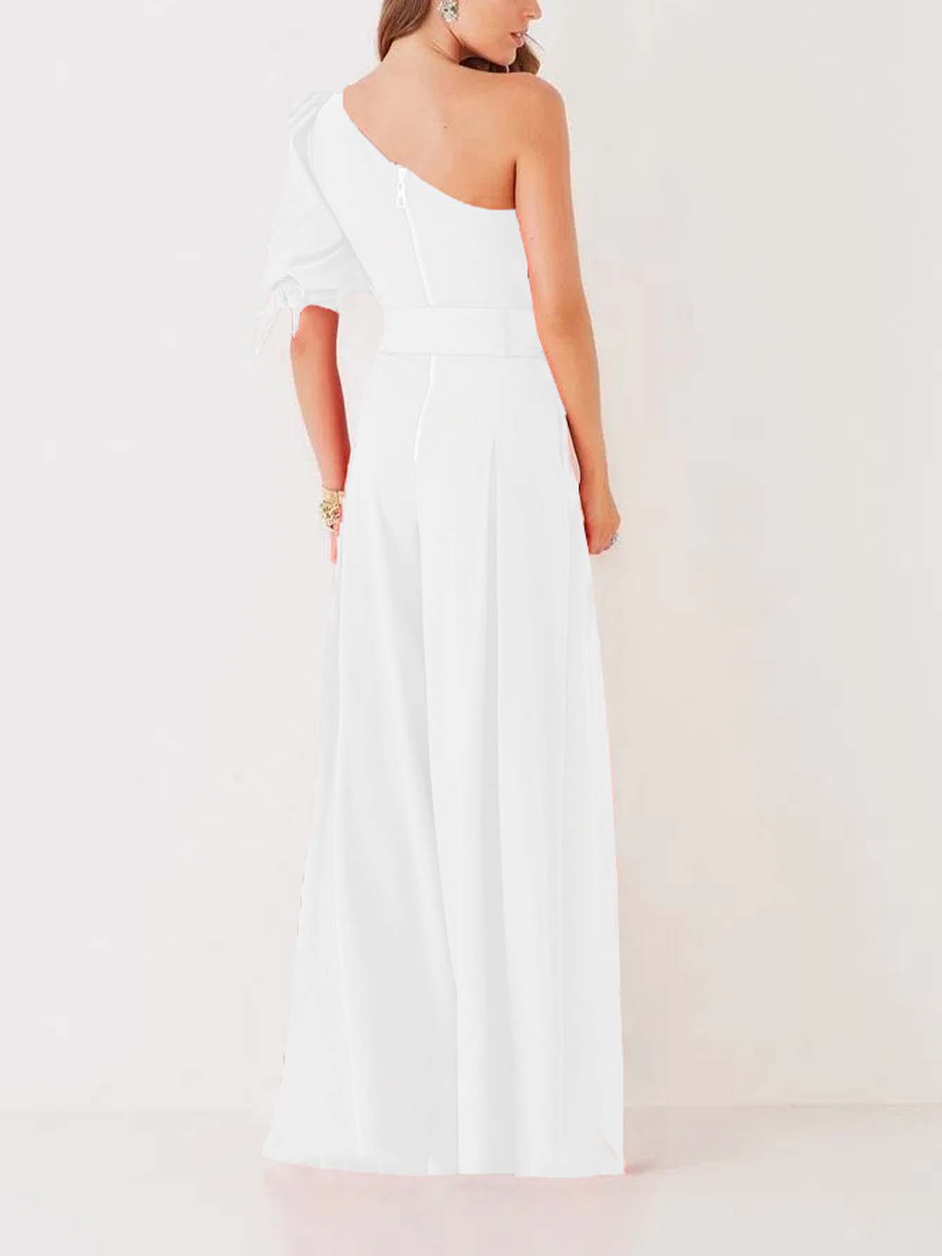 Solid color one-shoulder belted jumpsuit casual slacks Sai Feel
