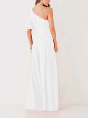 Solid color one-shoulder belted jumpsuit casual slacks Sai Feel