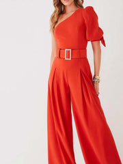 Solid color one-shoulder belted jumpsuit casual slacks Sai Feel