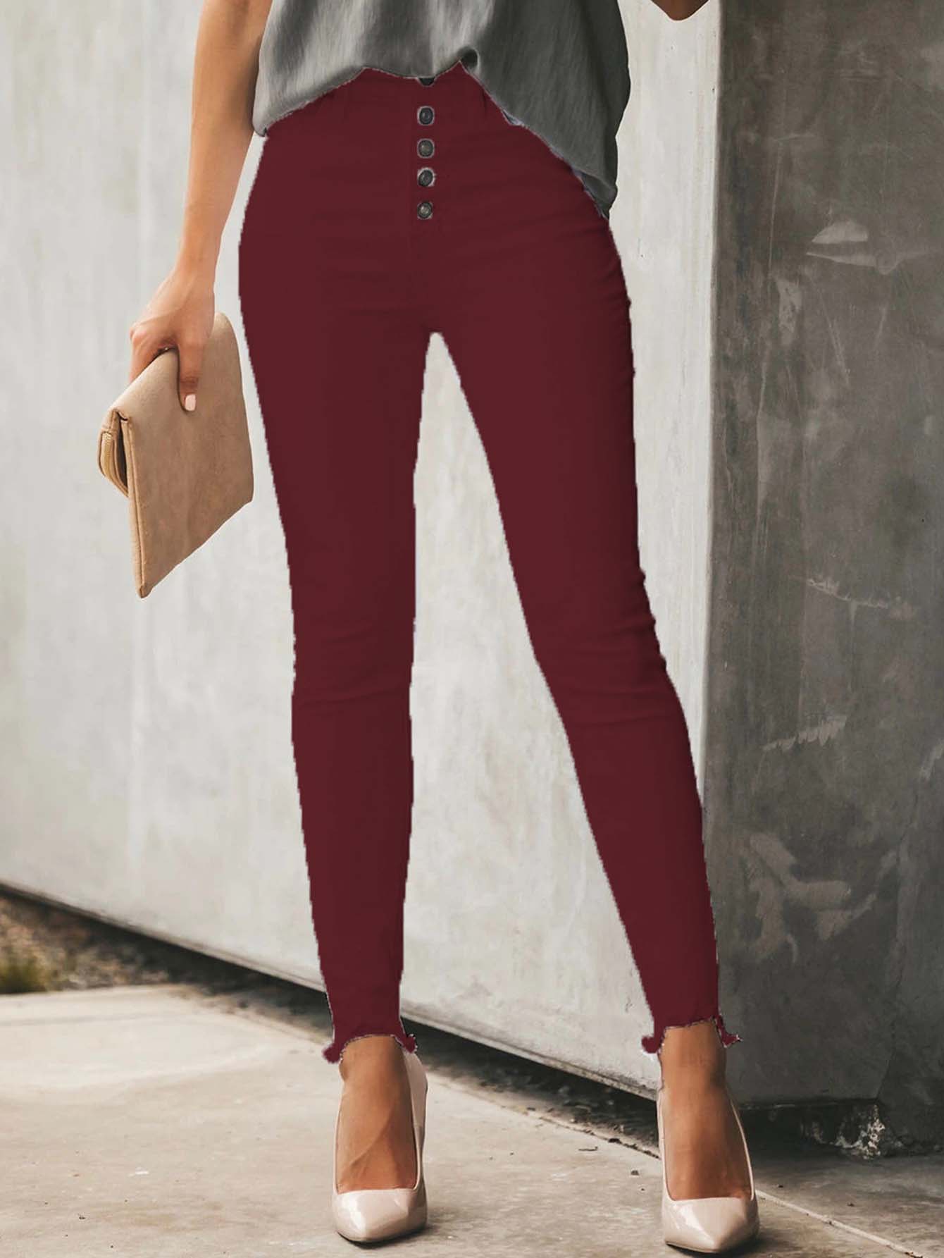 Solid color single breasted pocket stretch pants Pencil Pants Sai Feel