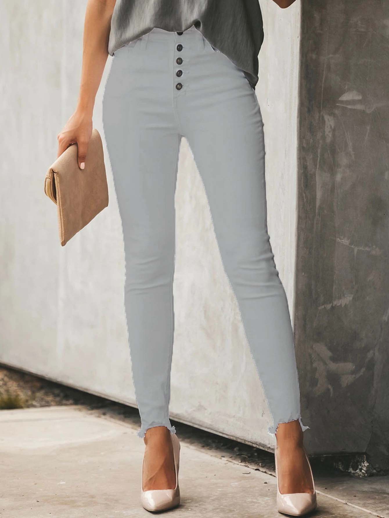 Solid color single breasted pocket stretch pants Pencil Pants Sai Feel