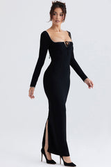 Sparkly Crystal Embellished Tie Neck Long Sleeve Formal Maxi Dress - Black